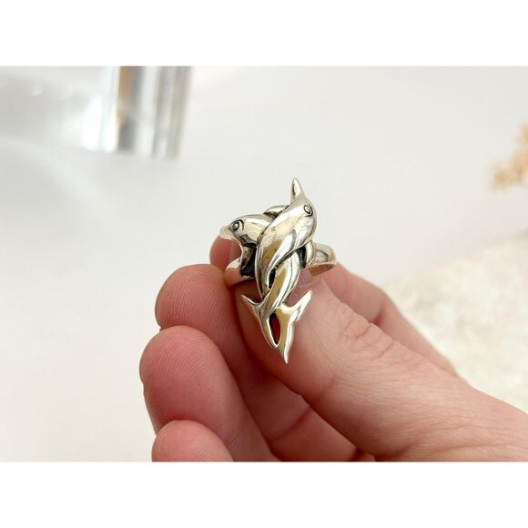 Interlocking Twin Dolphin Figural 925 Sterling Silver Unisex Vintage Ring - sz 6 - Picture 6 of 11